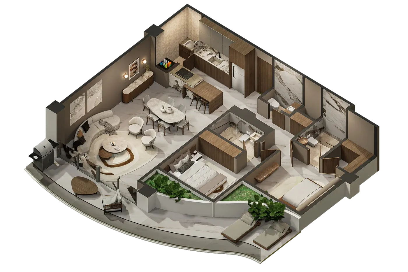 Planta 3D del Apartamento 3, 143 m²